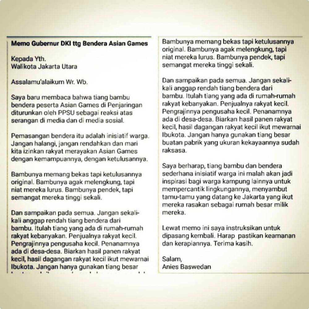 Anies bikin memo, bendera negara Asian Games tiang bambu dipasang lagi