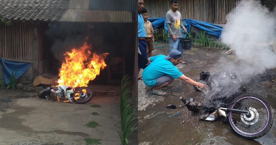 Habis dicuci dan mesin mati, sepeda motor ini tiba-tiba terbakar
