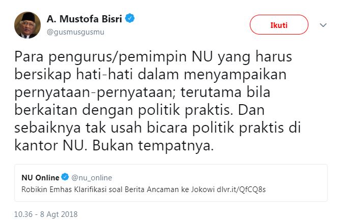 Ada yang bawa-bawa sikap NU di Pilpres 2019, ini cuitan tegas Gus Mus