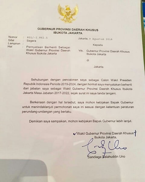 Mundur dari Wagub DKI Jakarta, ini isi lengkap surat Sandiaga Uno