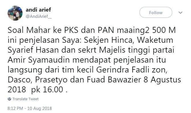 Soal mahar Rp 500 M, Andi Arief sebut sumber informasi dari Gerindra