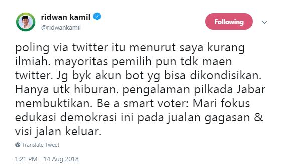 Ramai poling pilpres di Twitter, komentar Ridwan Kamil ini mencerahkan