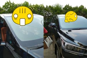 Bikin heran, mobil sedang parkir ini kacanya tertembus benda sepele