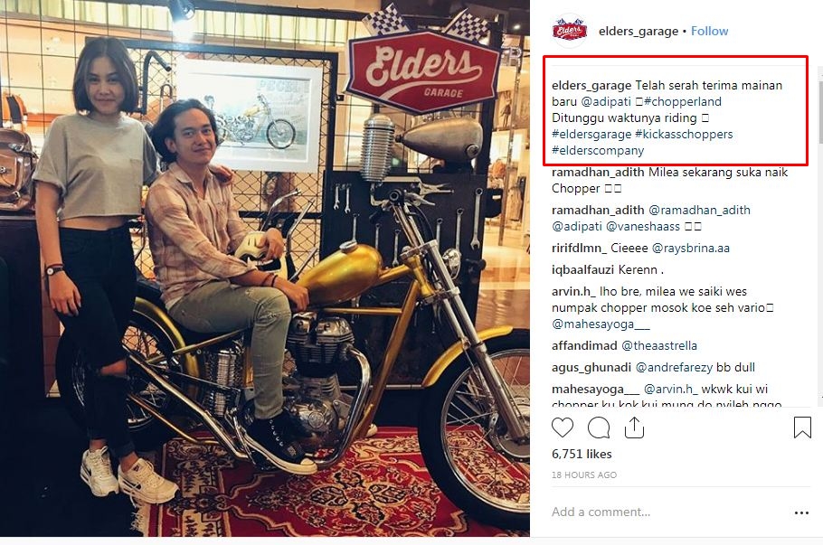 Adipati Dolken beli motor custom chopperland, sama persis punya Jokowi