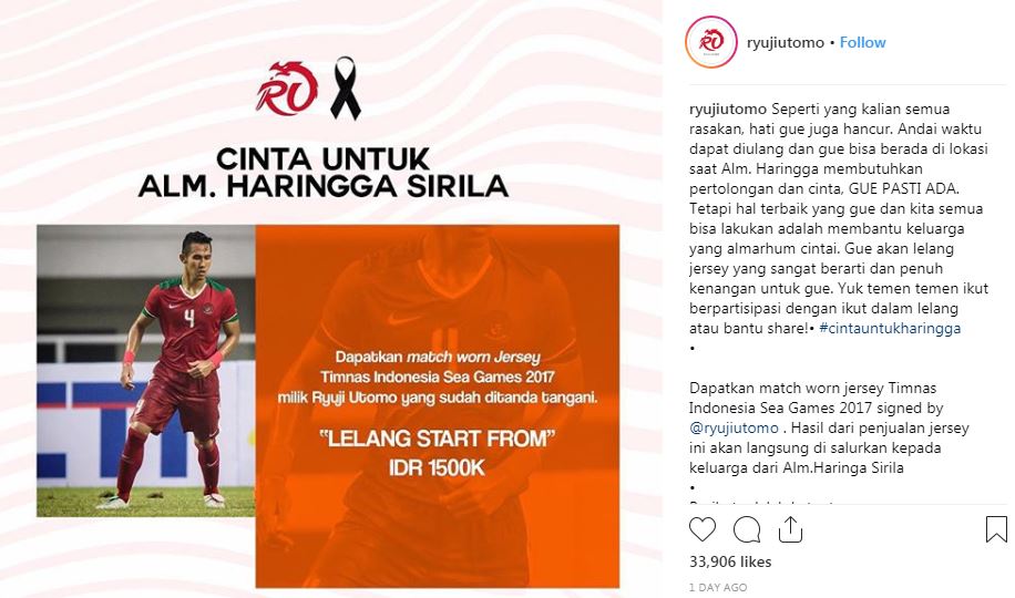Simpati untuk Haringga, Ryuji Utomo mantan Ariel Tatum lelang jersey