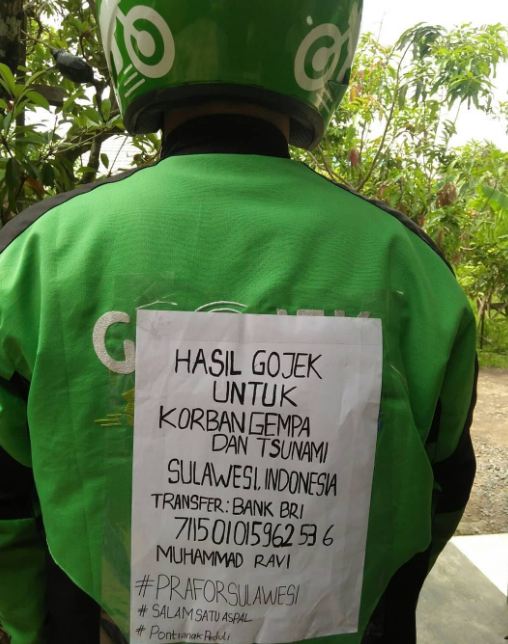 Aksi peduli driver ojek online bantu korban gempa Palu ini bikin salut