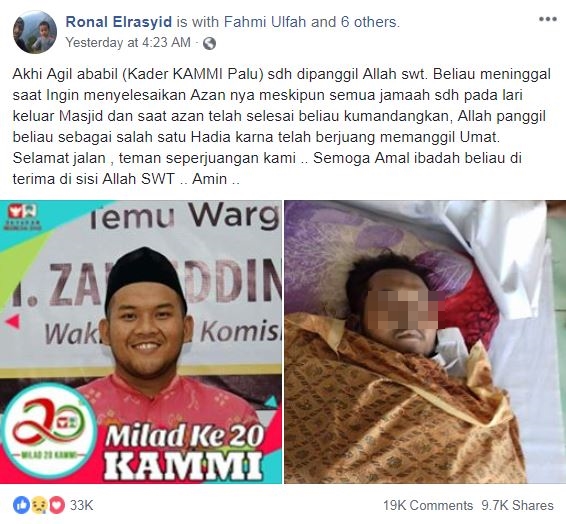 Kisah muazin yang korbankan nyawa demi selesaikan azan saat gempa Palu