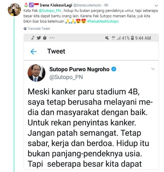 Lagi ramai, ini 10 cuitan heboh dukung pertemuan Sutopo dan Raisa