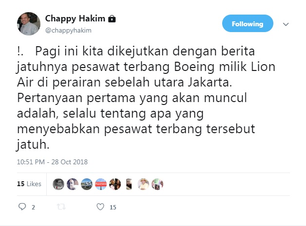 Lion Air jatuh, Chappy Hakim sebut masalah kecil bisa picu kecelakaan