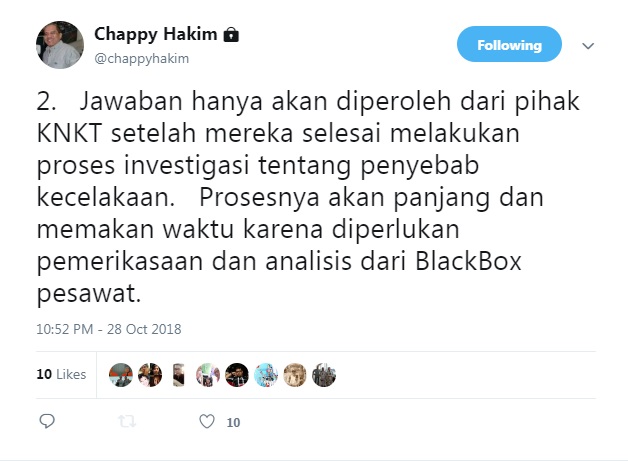 Lion Air jatuh, Chappy Hakim sebut masalah kecil bisa picu kecelakaan