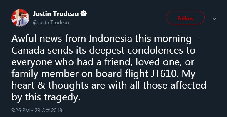 Lion Air JT 610 jatuh, 5 pemimpin dunia ini sampaikan belasungkawa