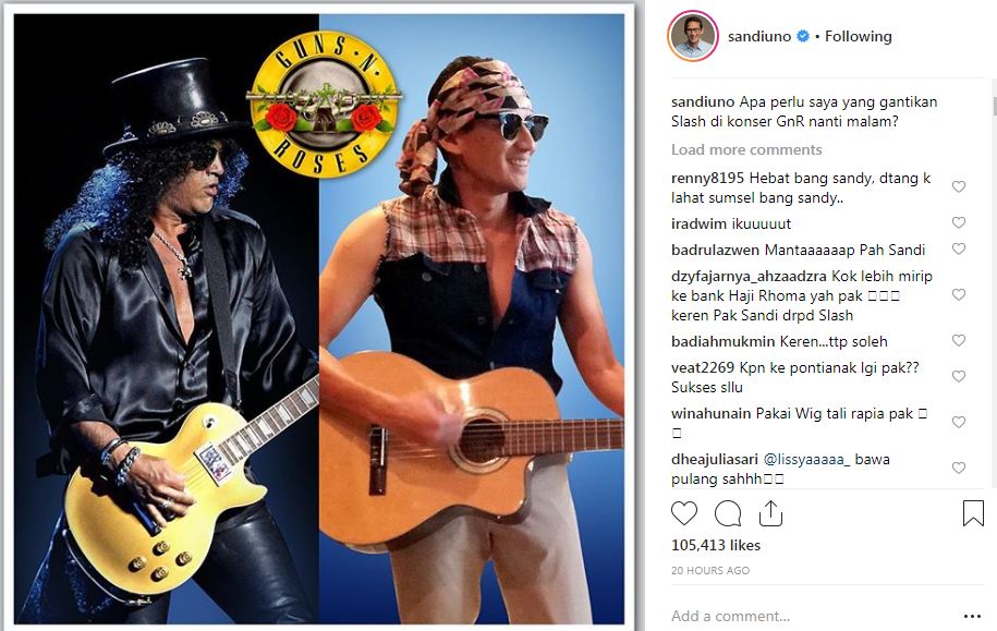 Sandiaga Uno tiru Guns N' Roses, begini gayanya ala rocker