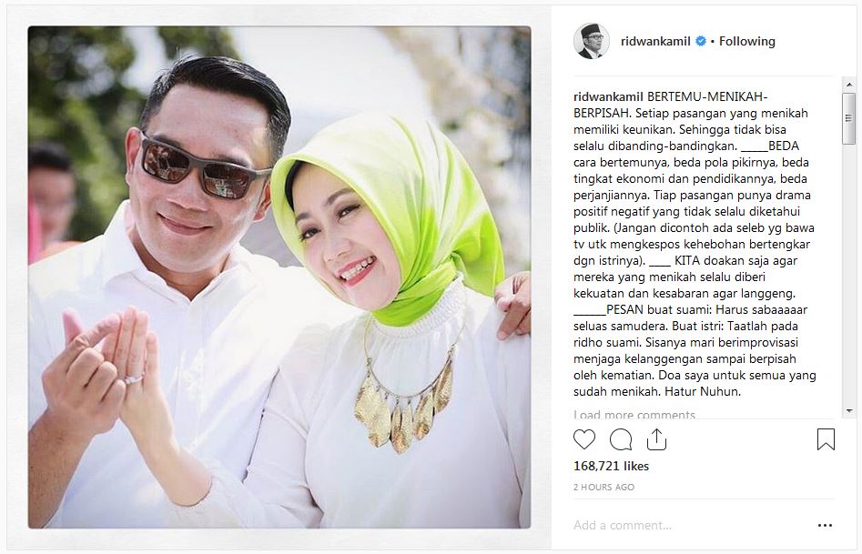 Marak perceraian artis, Ridwan Kamil posting pesan menyentuh