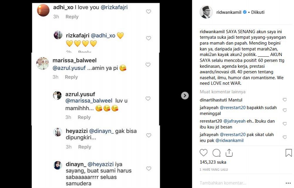 Ini ungkapan Ridwan Kamil tentang postingan positif di Instagram