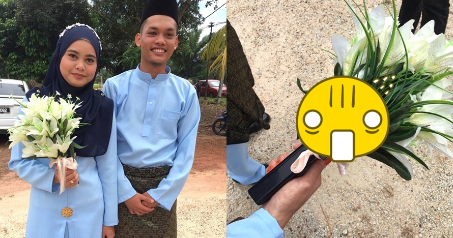 Benda tersimpan di balik buket bunga pengantin ini bikin ngakak