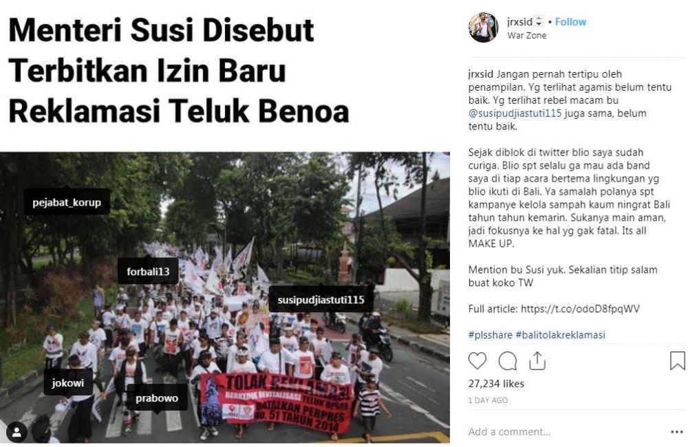 4 Sindiran Jerinx SID ke Menteri Susi soal reklamasi Teluk Benoa