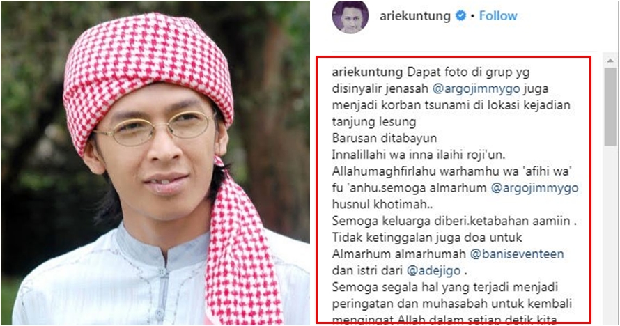 Arie Untung kabarkan Aa Jimmy jadi korban meninggal tsunami Banten