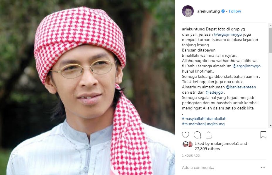 Arie Untung kabarkan Aa Jimmy jadi korban meninggal tsunami Banten