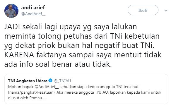 Andi Arief dan admin TNI AU berdebat soal isu 7 kontainer