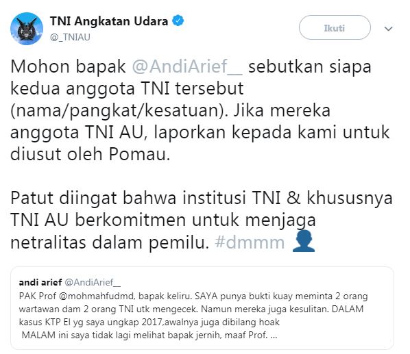 Andi Arief dan admin TNI AU berdebat soal isu 7 kontainer