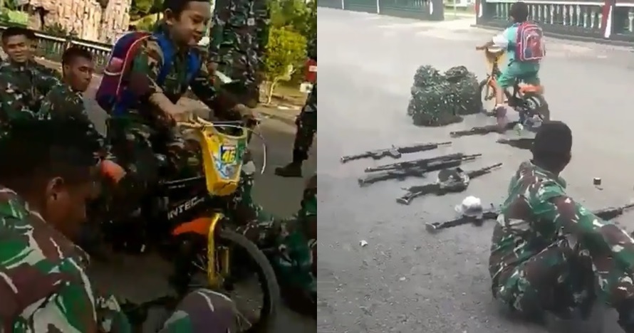 4 Aksi lucu Richo, bocah bersepeda yang tabrak senapan milik TNI