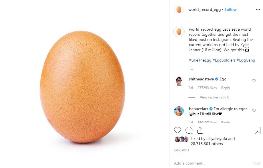 Foto telur ini dapat 28 juta like di IG, kalahkan Kylie Jenner