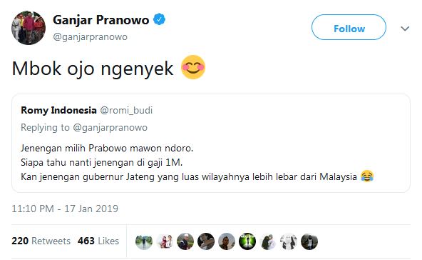Reaksi Ganjar usai Prabowo sebut Jateng lebih luas dari Malaysia