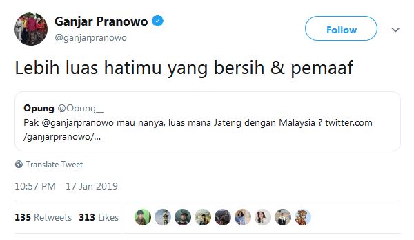 Reaksi Ganjar usai Prabowo sebut Jateng lebih luas dari Malaysia