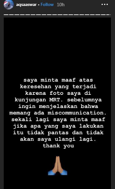 Potretnya injak kursi MRT heboh, ini permintaan maaf Aqsa Aswar