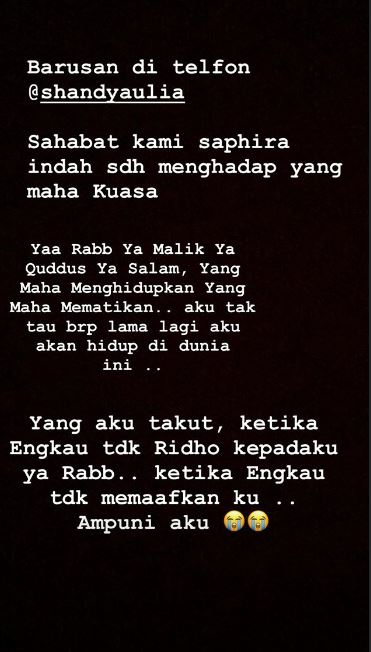 Kenangan terakhir Chacha Frederica dengan Saphira Indah, haru