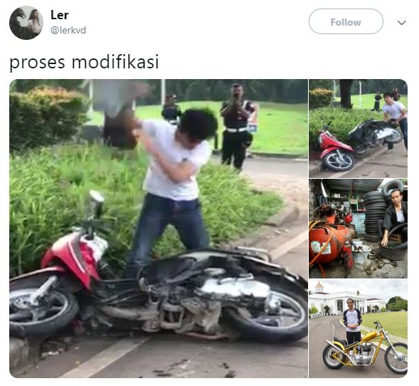 15 Editan foto momen pria rusak motornya saat ditilang kocak pol