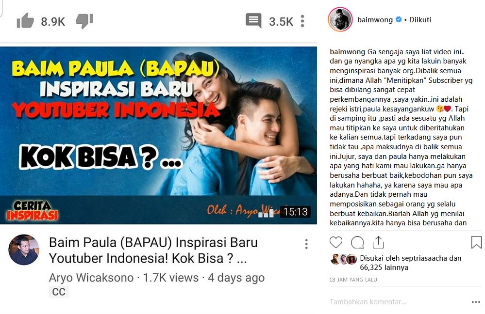 Disinggung soal YouTuber inspiratif, ini komentar Baim Wong
