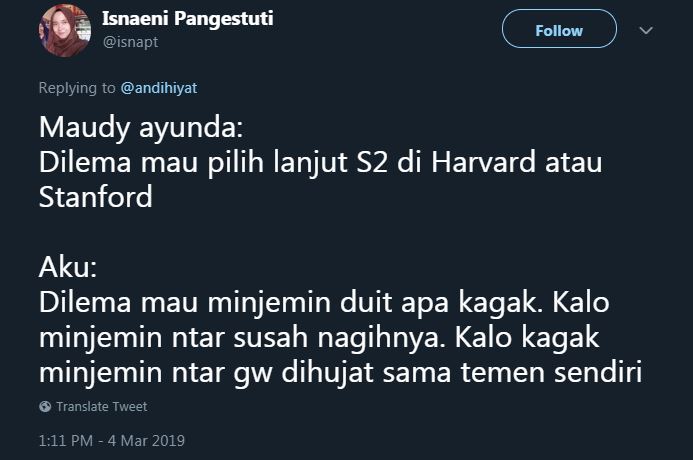 12 Cuitan lucu beda dilema Maudy Ayunda vs orang biasa ini kocak