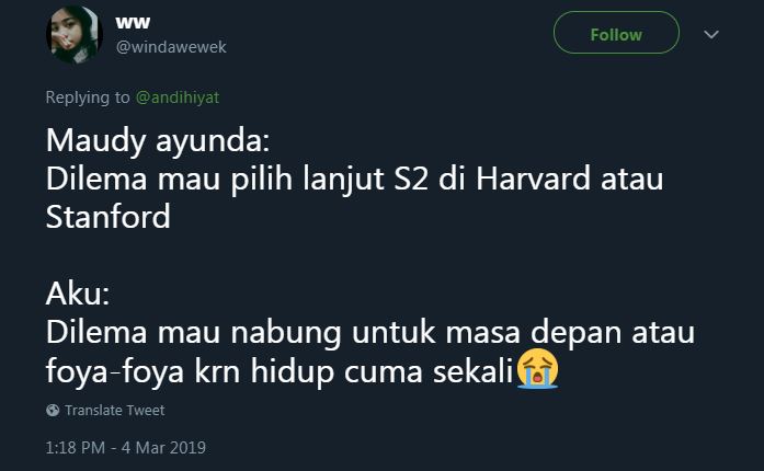 12 Cuitan lucu beda dilema Maudy Ayunda vs orang biasa ini kocak