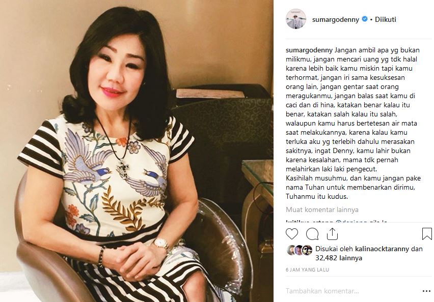 Bongkar kebohongan DJ Verny, Denny Sumargo unggah nasihat ibunda