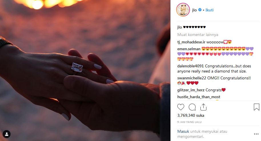 Jennifer Lopez tunangan, harga cincin diperkirakan Rp 14,3 miliar