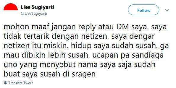 7 Cuitan lucu Bu Lies tanggapi Sandiaga ini bikin nyengir