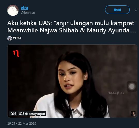 12 Cuitan lucu Maudy Ayunda senang ujian sekolah ini kocak pol