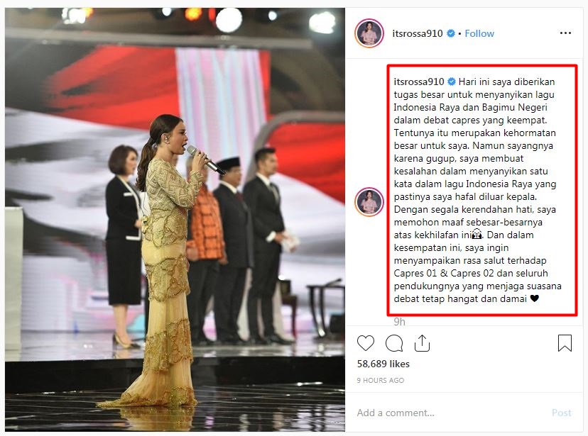 Rossa minta maaf usai salah lirik Indonesia Raya di Debat Capres