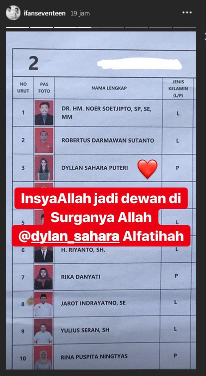 Ungkapan pilu Ifan Seventeen lihat nama Dylan Sahara di surat suara