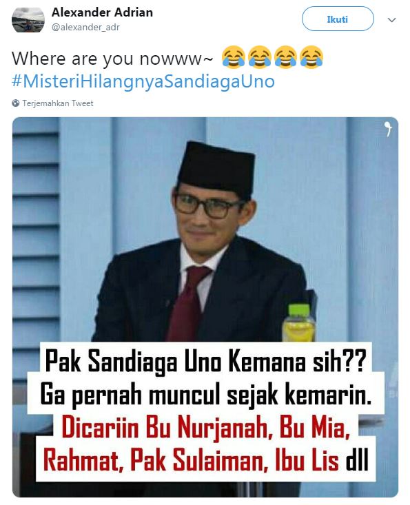 10 Cuitan lucu 'Misteri Hilangnya Sandiaga Uno' ini bikin ngakak