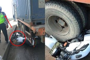 Aksi heroik polisi korbankan motornya untuk tahan truk rem blong