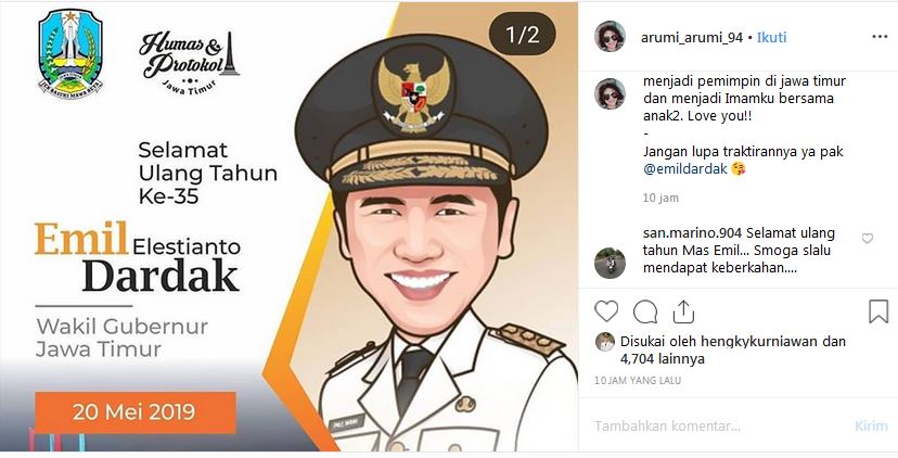 Emil Dardak ultah ke-35, ini ungkapan romantis kocak Arumi Bachsin