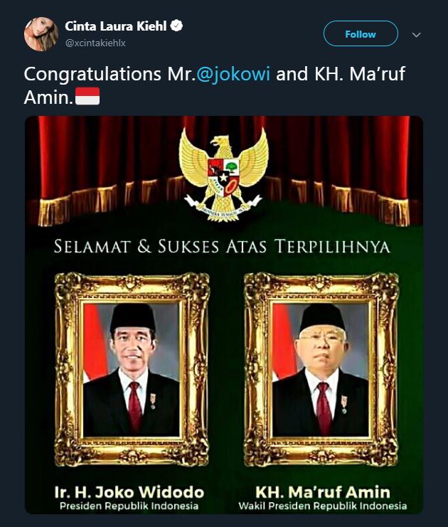 Ucapan selamat 9 seleb atas kemenangan Jokowi-Ma'ruf Amin