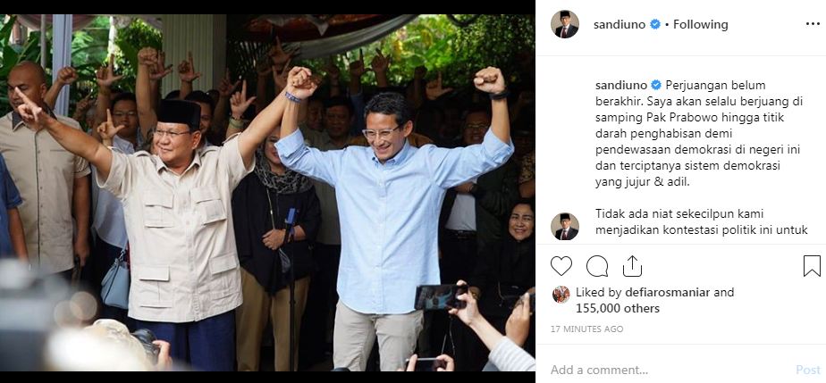 Prabowo: Kami menolak semua hasil penghitungan suara Pilpres 2019