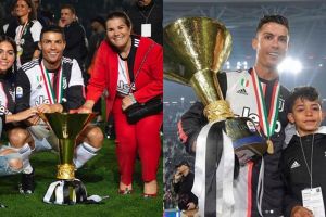 Momen anak Ronaldo tak sengaja terbentur trofi Liga Italia