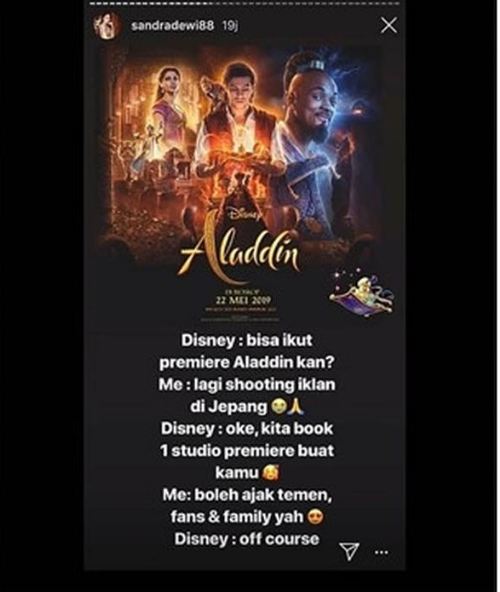 Disney booking satu bioskup untuk Sandra Dewi menonton Aladdin