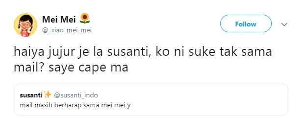 10 Cuitan lucu kisah cinta terpendam Mei Mei pada Mail, kocak abis