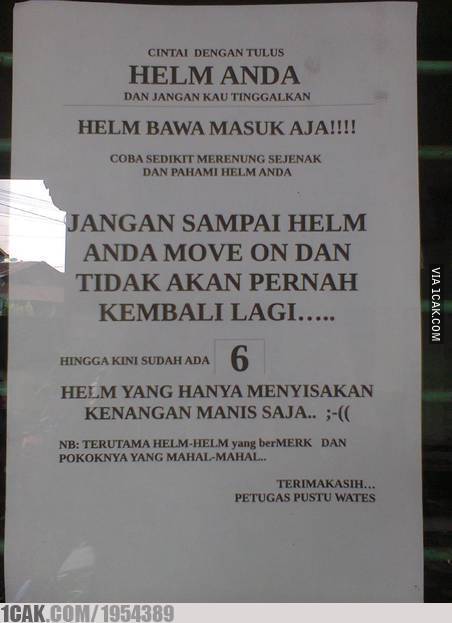 11 Peringatan lucu waspada helm hilang ini bikin ngakak
