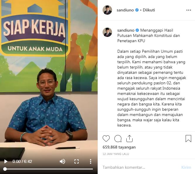 Jokowi-Ma'ruf menang, begini ucapan selamat Sandiaga Uno
